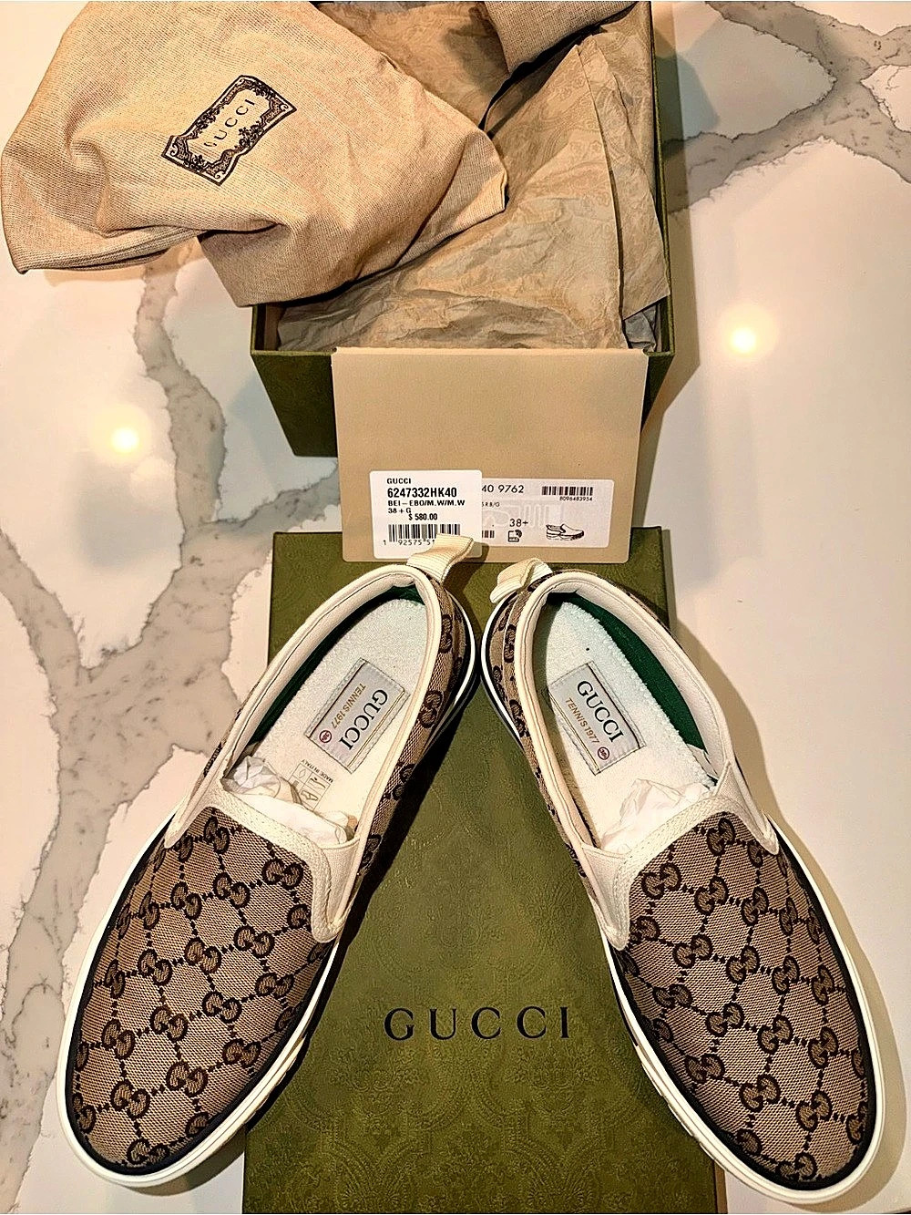 Gucci GG Tennis 1977 Slip-On Sneaker Beige & Green EU 38+